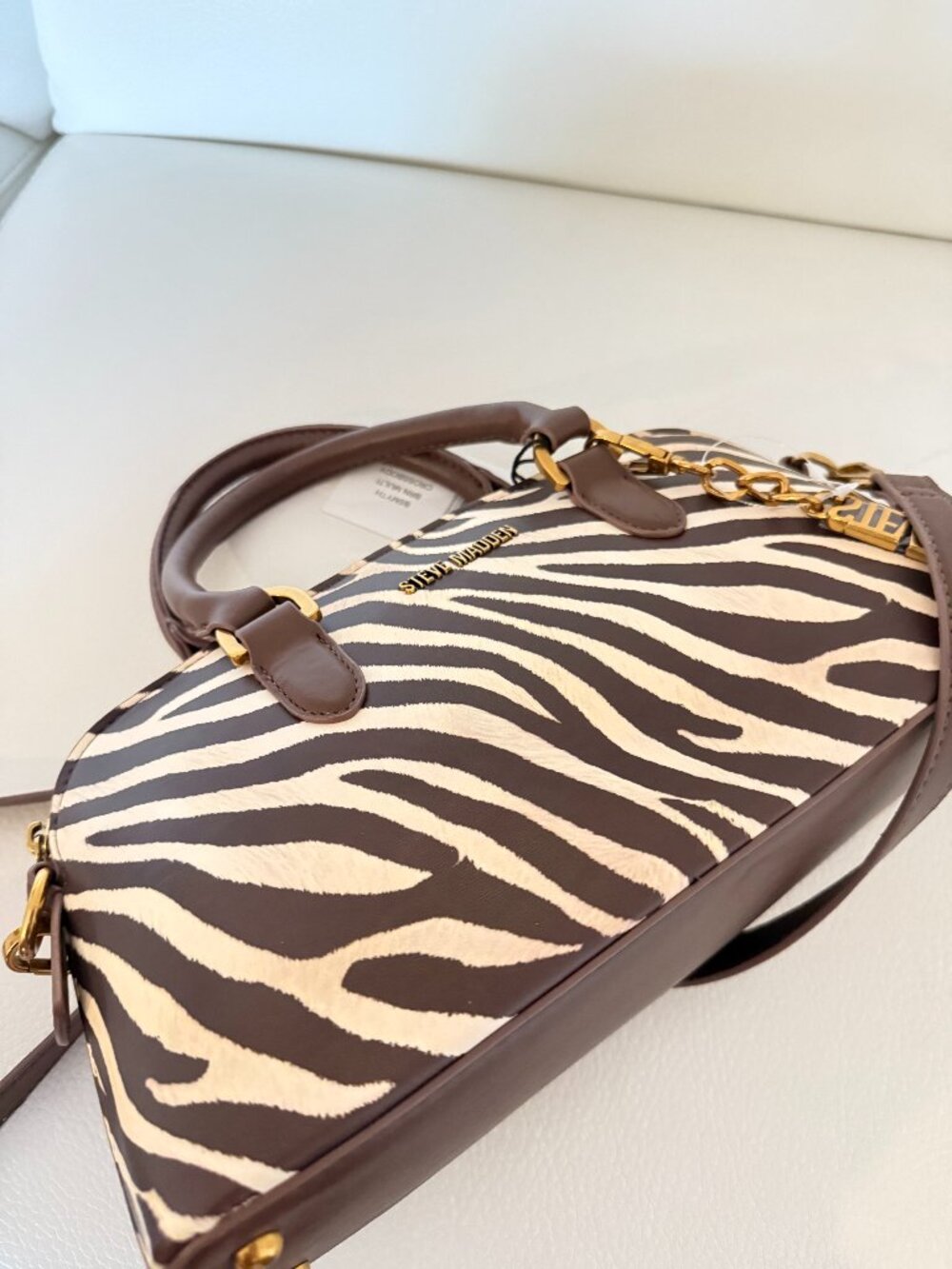 NWT STEVE MADDEN ZEBRA PRINT BSMYTH SATCHEL CROSSBODY BAG W CHARM BROWN - Picture 4 of 6